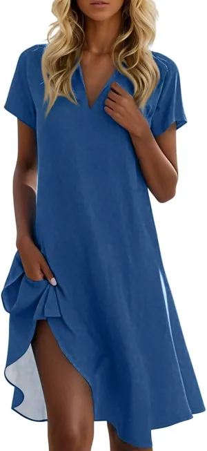 Maxi Dresses for Women 2025 Summer Casual Trendy Short Sleeve V-Neck Solid Color Flowy Dress, S-2XL