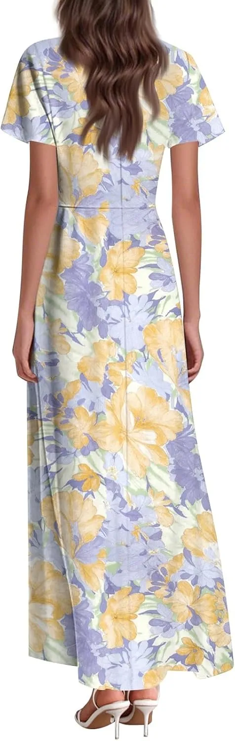 Maxi Dresses for Women 2025 Summer Ruffle Short Sleeve Floral Dress Flowy V Neck Chiffon Maxi Dress Printed Dresses