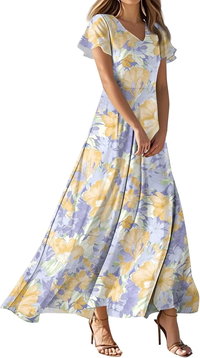 Maxi Dresses for Women 2025 Summer Ruffle Short Sleeve Floral Dress Flowy V Neck Chiffon Maxi Dress Printed Dresses