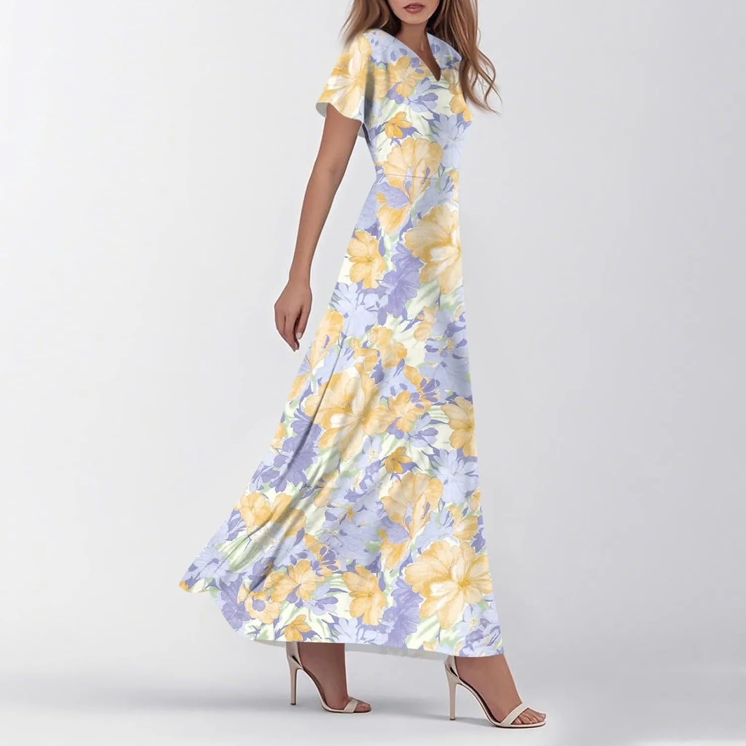 Maxi Dresses for Women 2025 Summer Ruffle Short Sleeve Floral Dress Flowy V Neck Chiffon Maxi Dress Printed Dresses