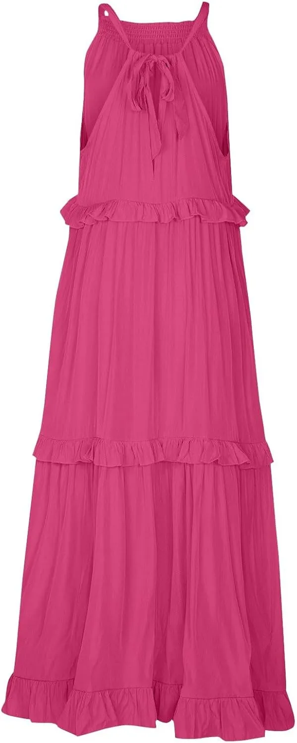 Maxi Dresses for Women 2025 Summer Sleeveless Halter Long Dress Loose Tiered Flowy Swing Smocked Ruffle Beach Dress