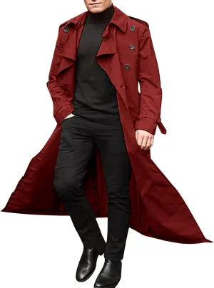 Men Double Breasted Long Trench Coat Oversized Casual Notch Lapel Windbreaker Business Jacket Trendy Twill Overcoat