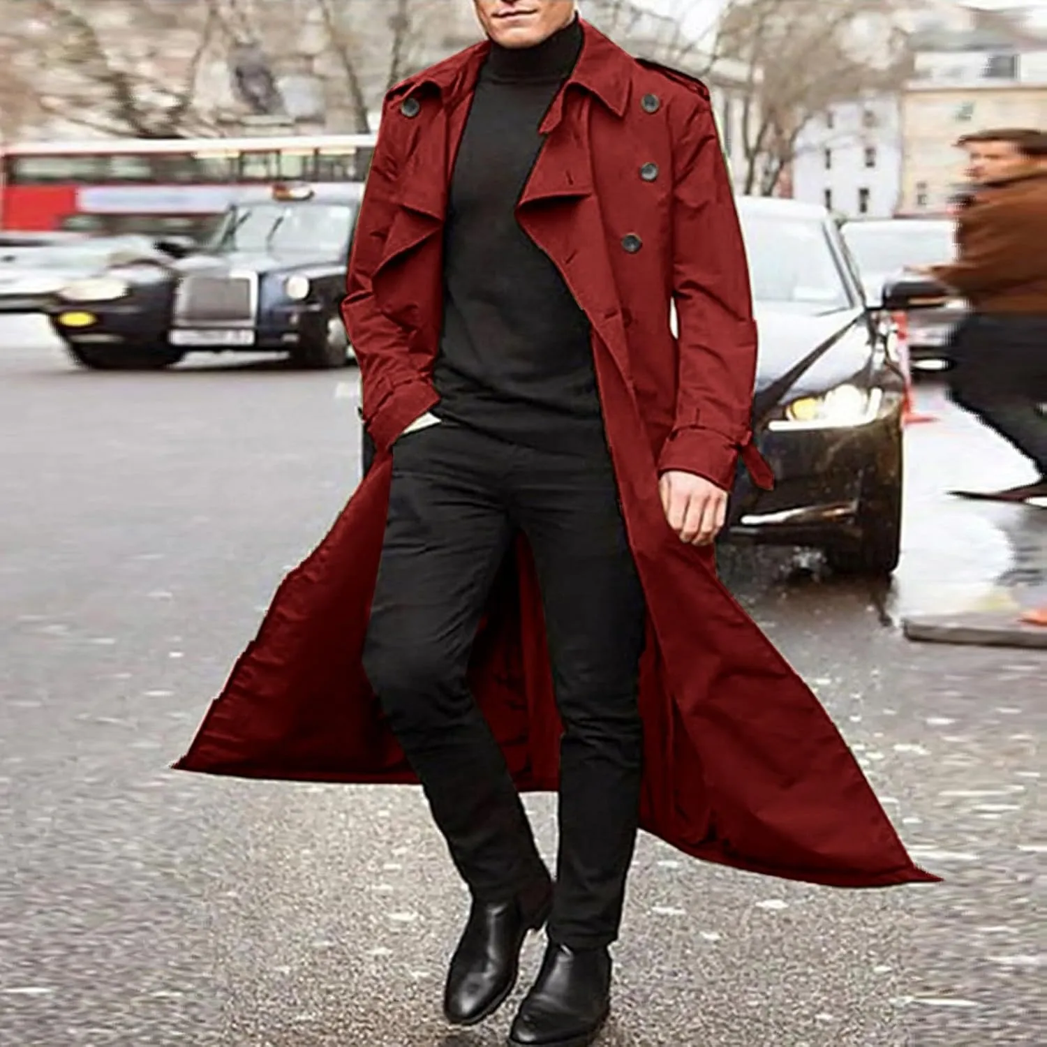 Men Double Breasted Long Trench Coat Oversized Casual Notch Lapel Windbreaker Business Jacket Trendy Twill Overcoat