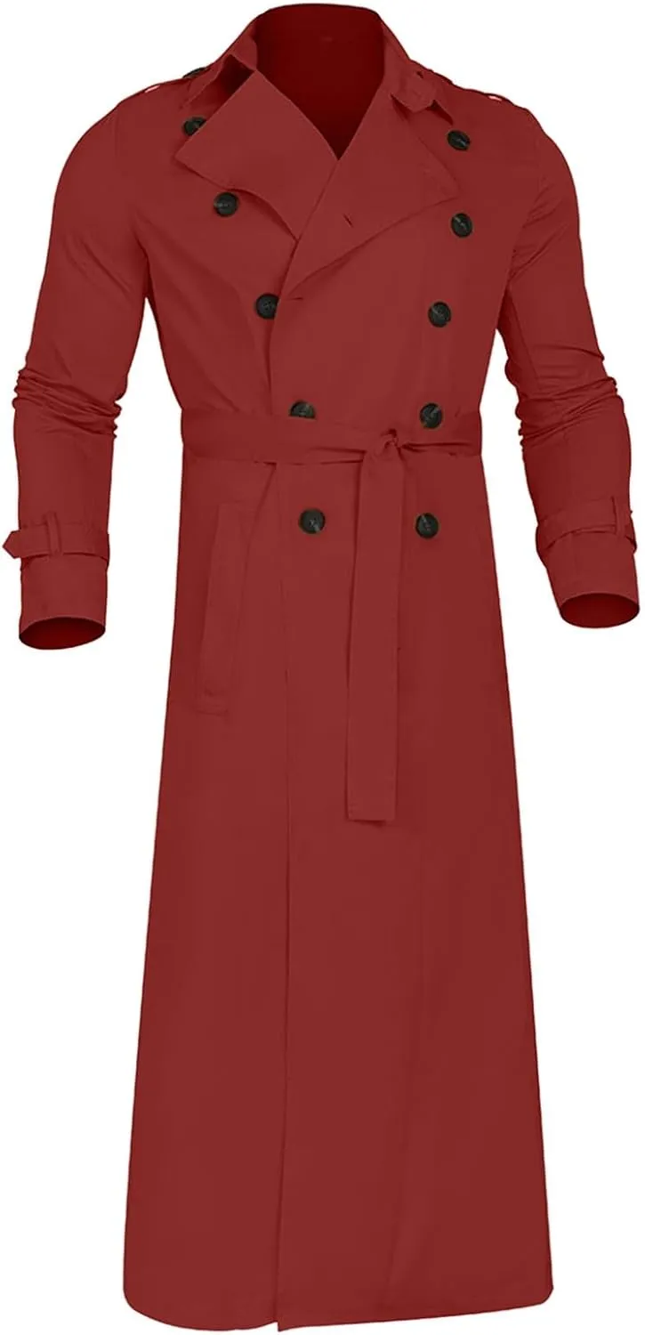 Men Double Breasted Long Trench Coat Oversized Casual Notch Lapel Windbreaker Business Jacket Trendy Twill Overcoat
