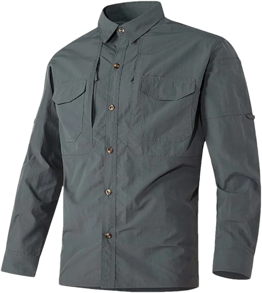 Men Summer Outdoor Combat Multi-Pocket Tactical Shirts Quick Dry Cargo Long-Sleeved Shirts