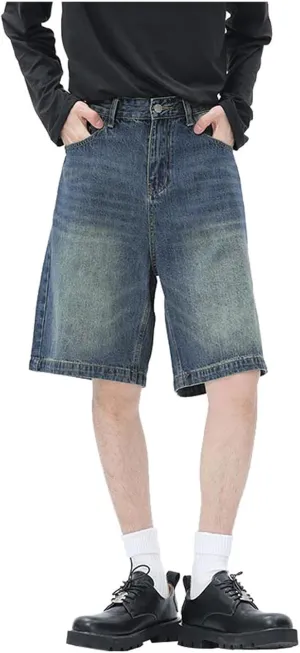 Men Y2K Baggy Jean Shorts Summer Casual Hip Hop Aesthetic Pants Loose Fit Denim Shorts with Pockets Streetwear