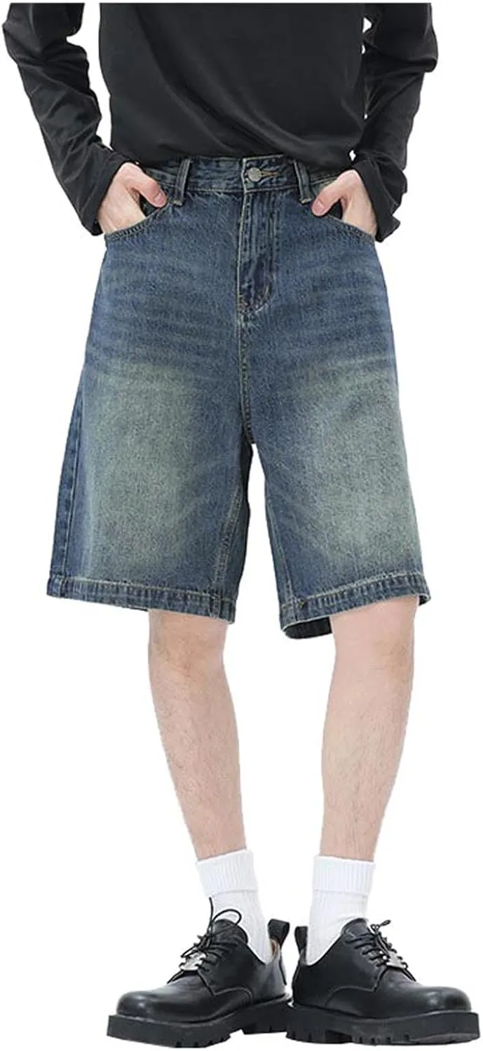 Men Y2K Baggy Jean Shorts Summer Casual Hip Hop Aesthetic Pants Loose Fit Denim Shorts with Pockets Streetwear