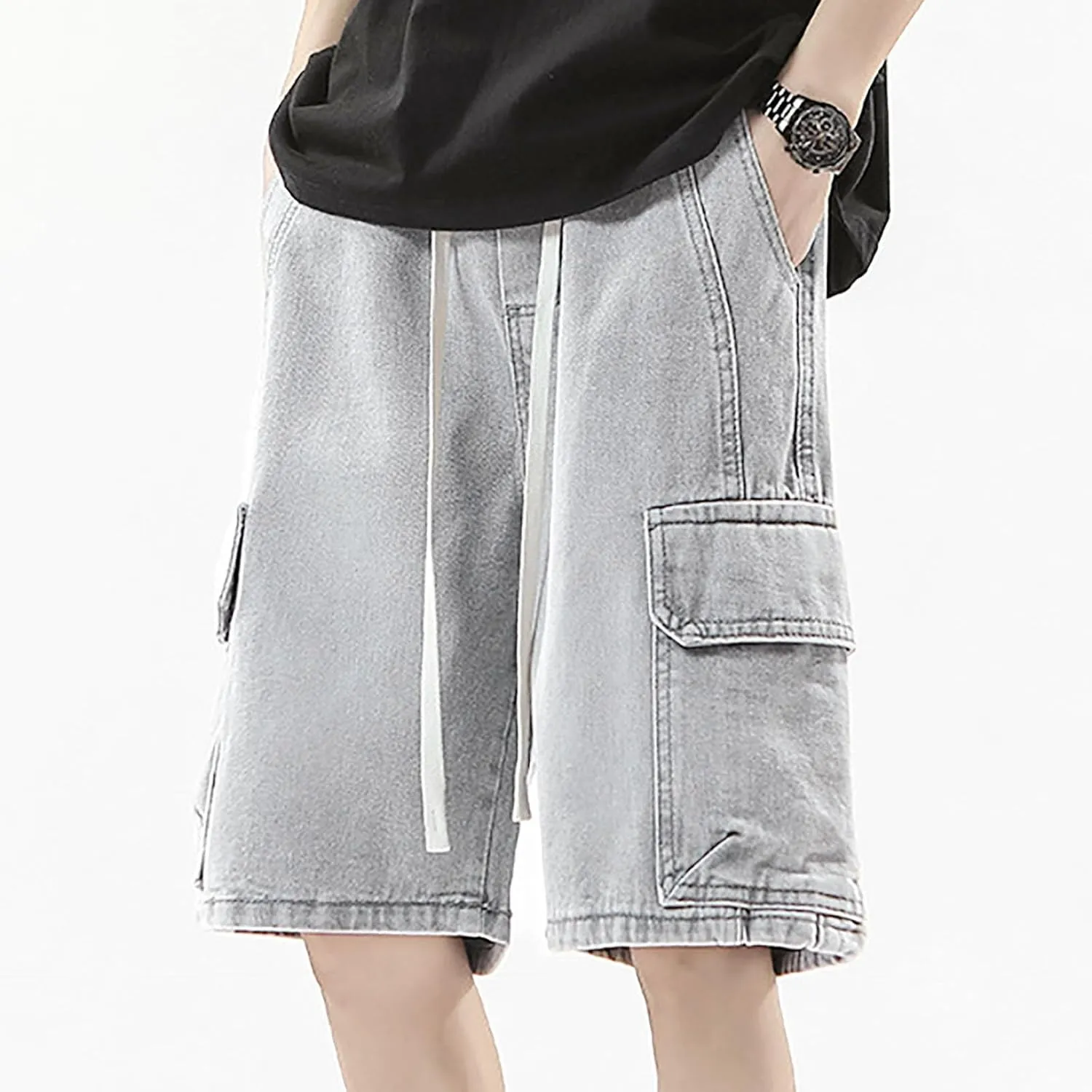 Men Y2K Baggy Jean Shorts Summer Casual Hip Hop Aesthetic Pants Loose Fit Denim Shorts with Pockets Streetwear