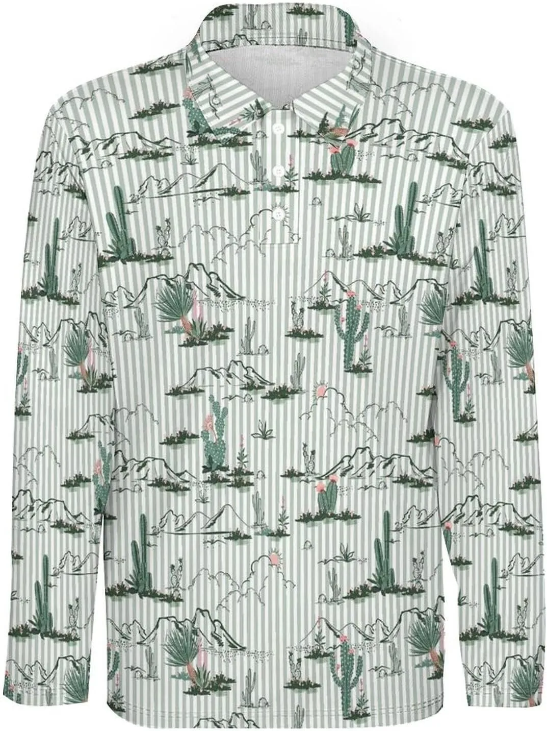 Mens Cactus Polo Shirts Quick-Dry Moisture Wicking 3D Print Long Sleeve Golf Shirts
