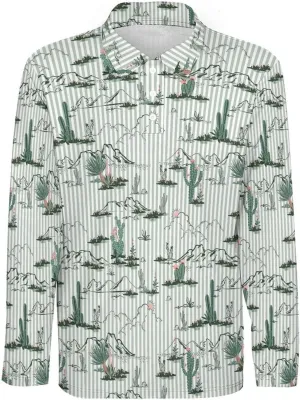 Mens Cactus Polo Shirts Quick-Dry Moisture Wicking 3D Print Long Sleeve Golf Shirts
