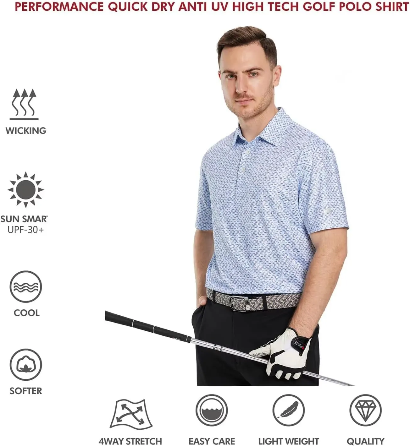 Mens Golf Shirts Short Sleeve Moisture Wicking Dry Fit Print Performance Athletic Casual Golf Polo Shirts for Men