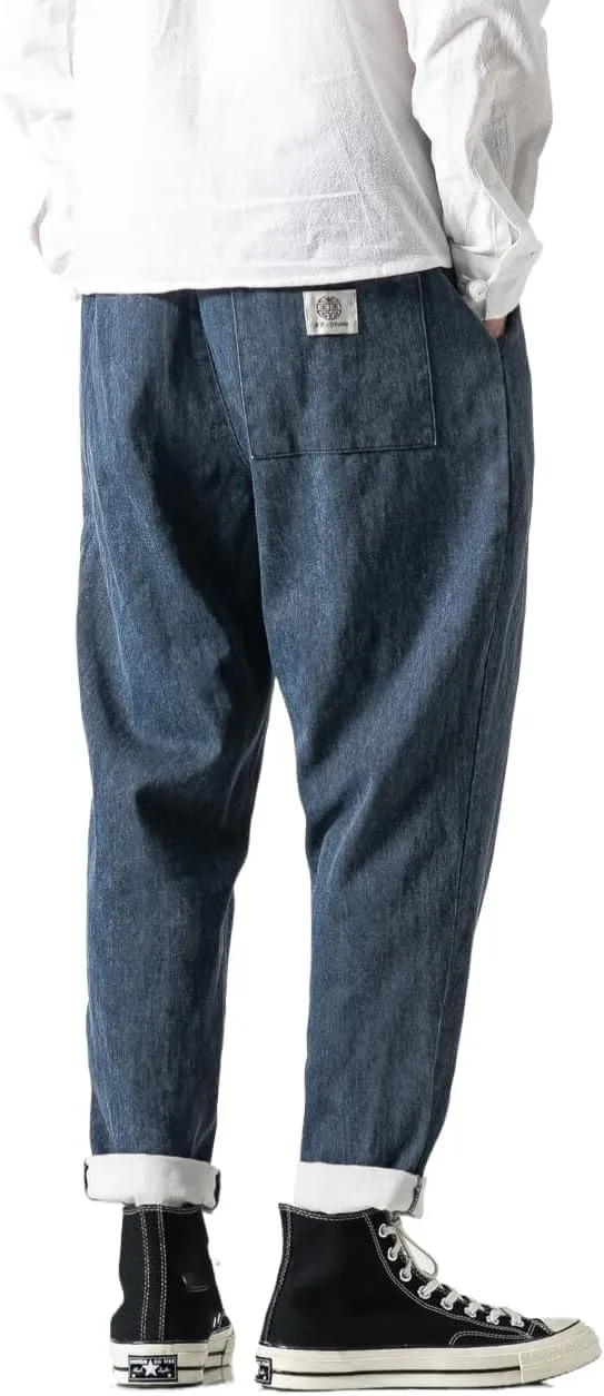 Men's Japanese Cargo Jeans Wide Leg Loose Baggy Harem Pants Elastic Waist Capri Pants