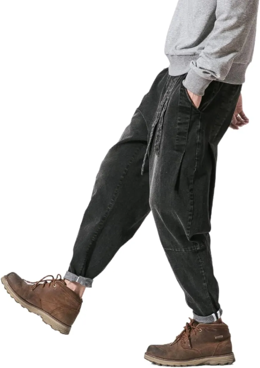 Men's Japanese Cargo Jeans Wide Leg Loose Baggy Harem Pants Elastic Waist Capri Pants