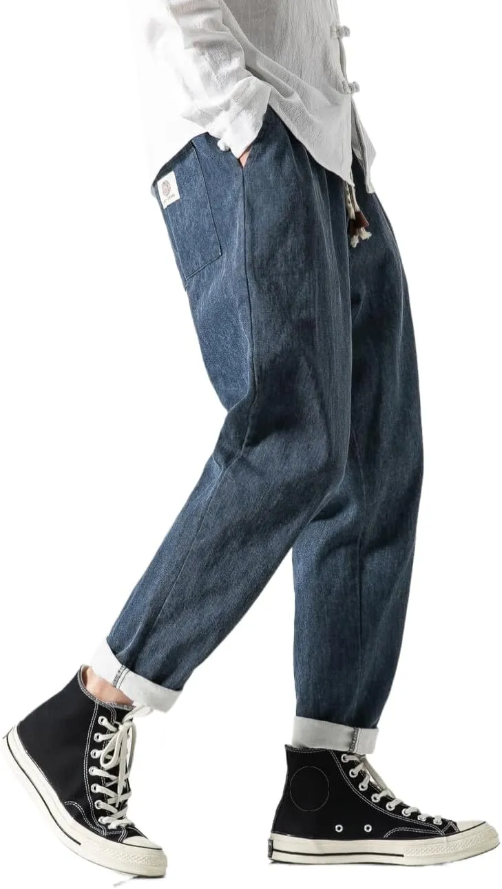 Men's Japanese Cargo Jeans Wide Leg Loose Baggy Harem Pants Elastic Waist Capri Pants