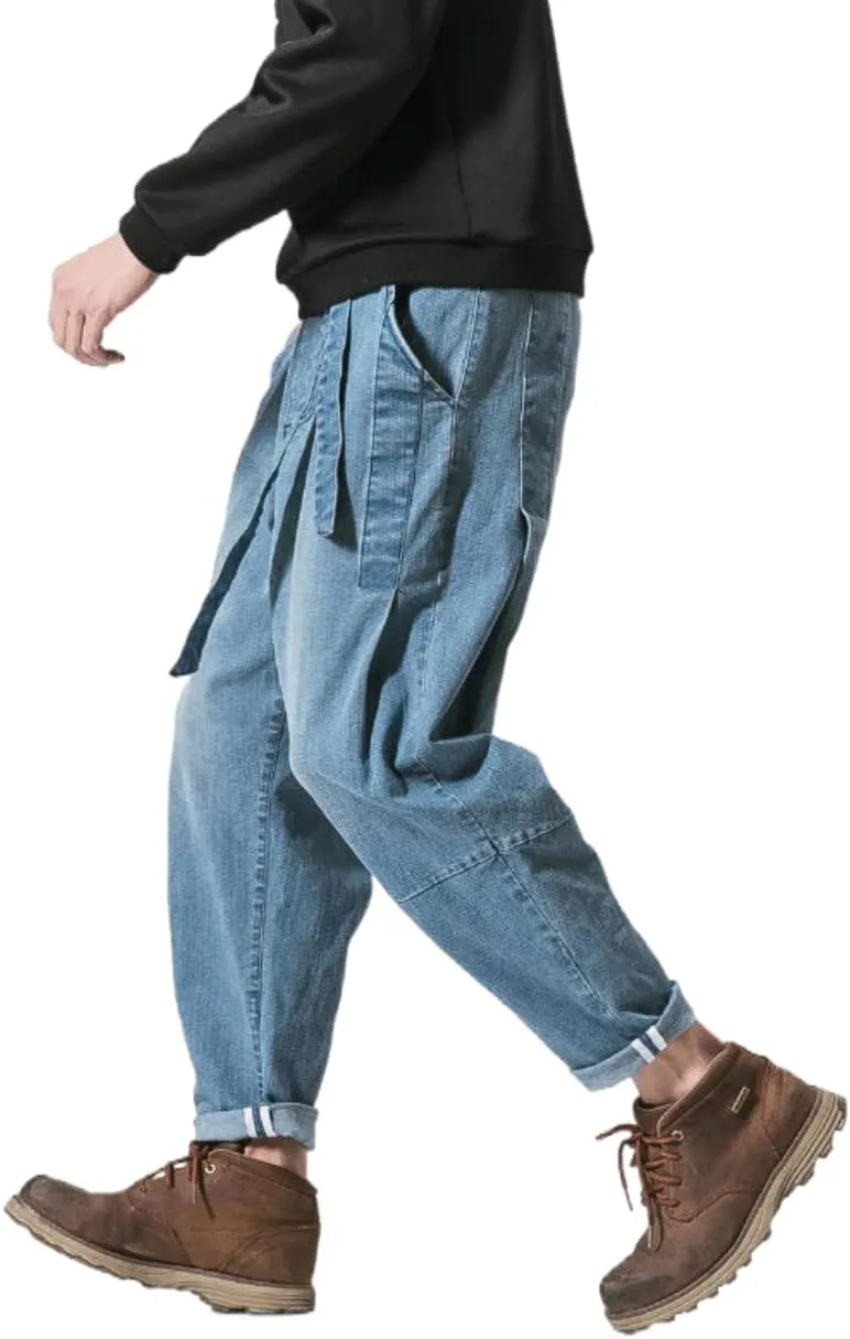 Men's Japanese Cargo Jeans Wide Leg Loose Baggy Harem Pants Elastic Waist Capri Pants