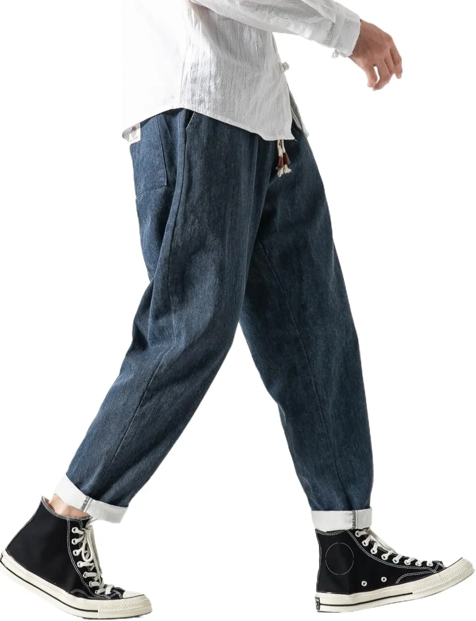 Men's Japanese Cargo Jeans Wide Leg Loose Baggy Harem Pants Elastic Waist Capri Pants