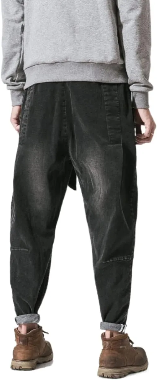 Men's Japanese Cargo Jeans Wide Leg Loose Baggy Harem Pants Elastic Waist Capri Pants