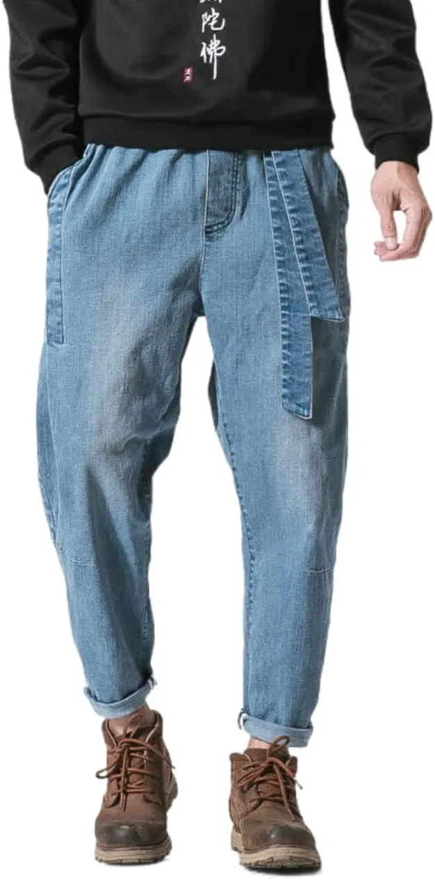 Men's Japanese Cargo Jeans Wide Leg Loose Baggy Harem Pants Elastic Waist Capri Pants
