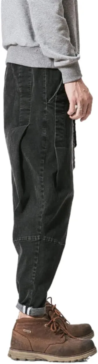 Men's Japanese Cargo Jeans Wide Leg Loose Baggy Harem Pants Elastic Waist Capri Pants