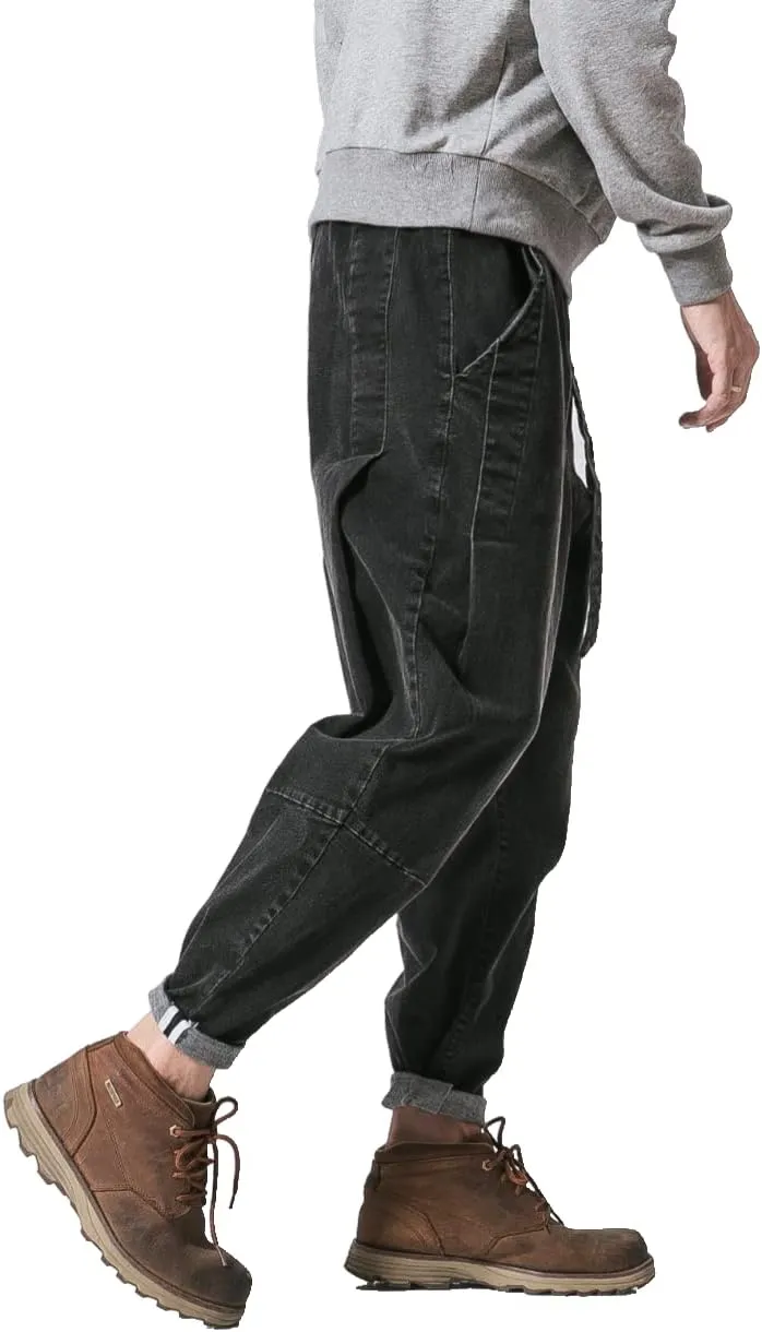 Men's Japanese Cargo Jeans Wide Leg Loose Baggy Harem Pants Elastic Waist Capri Pants
