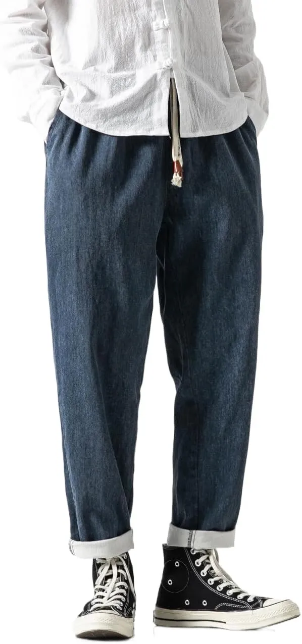 Men's Japanese Cargo Jeans Wide Leg Loose Baggy Harem Pants Elastic Waist Capri Pants