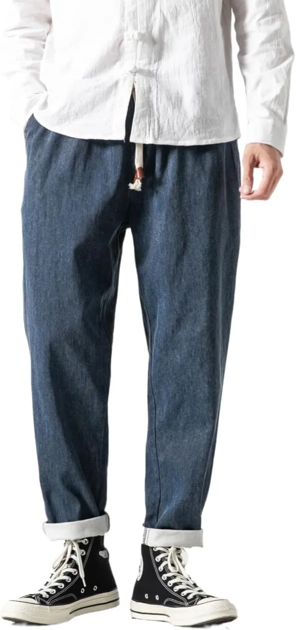 Men's Japanese Cargo Jeans Wide Leg Loose Baggy Harem Pants Elastic Waist Capri Pants
