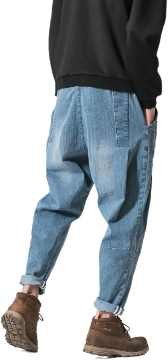 Men's Japanese Cargo Jeans Wide Leg Loose Baggy Harem Pants Elastic Waist Capri Pants