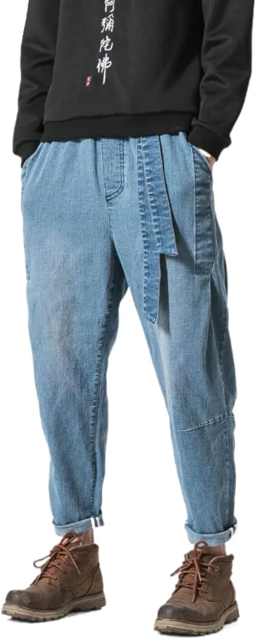 Men's Japanese Cargo Jeans Wide Leg Loose Baggy Harem Pants Elastic Waist Capri Pants