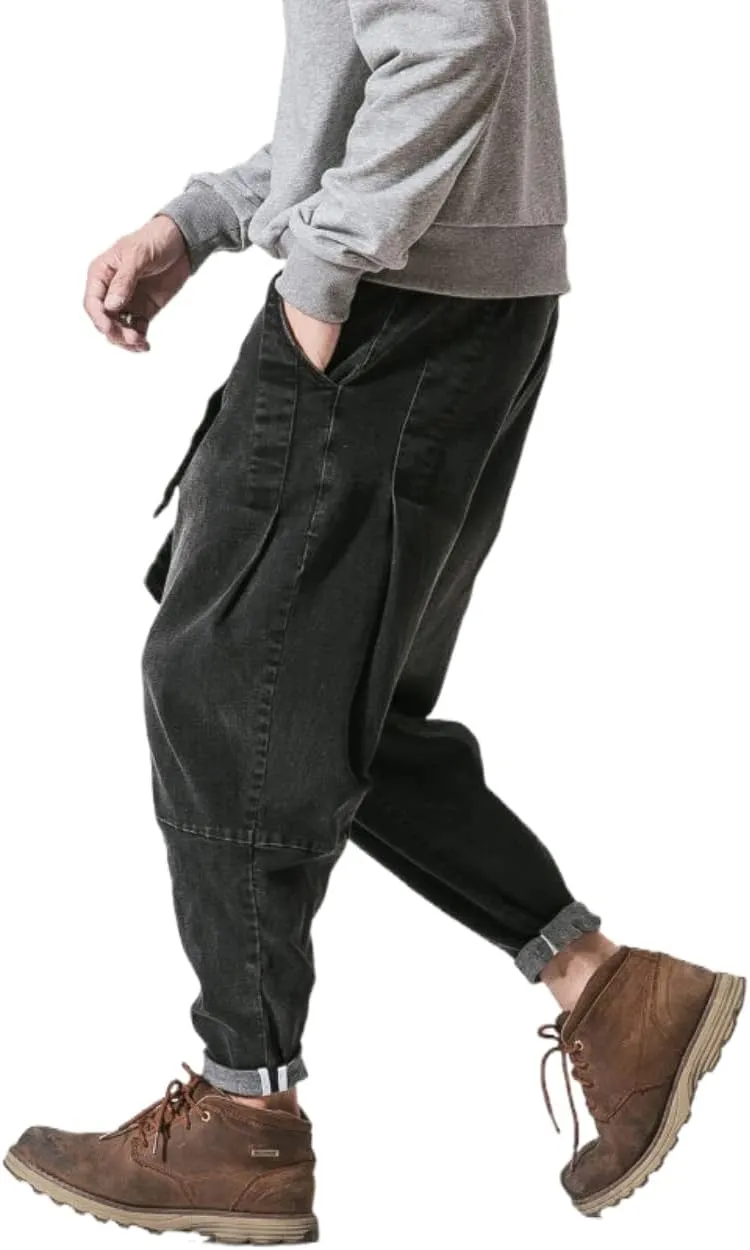 Men's Japanese Cargo Jeans Wide Leg Loose Baggy Harem Pants Elastic Waist Capri Pants