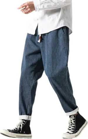 Men's Japanese Cargo Jeans Wide Leg Loose Baggy Harem Pants Elastic Waist Capri Pants