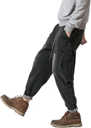 Men's Japanese Cargo Jeans Wide Leg Loose Baggy Harem Pants Elastic Waist Capri Pants