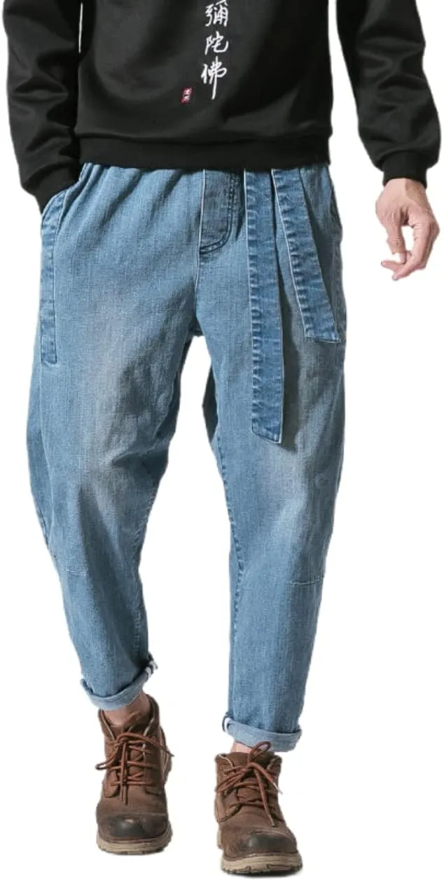 Men's Japanese Cargo Jeans Wide Leg Loose Baggy Harem Pants Elastic Waist Capri Pants