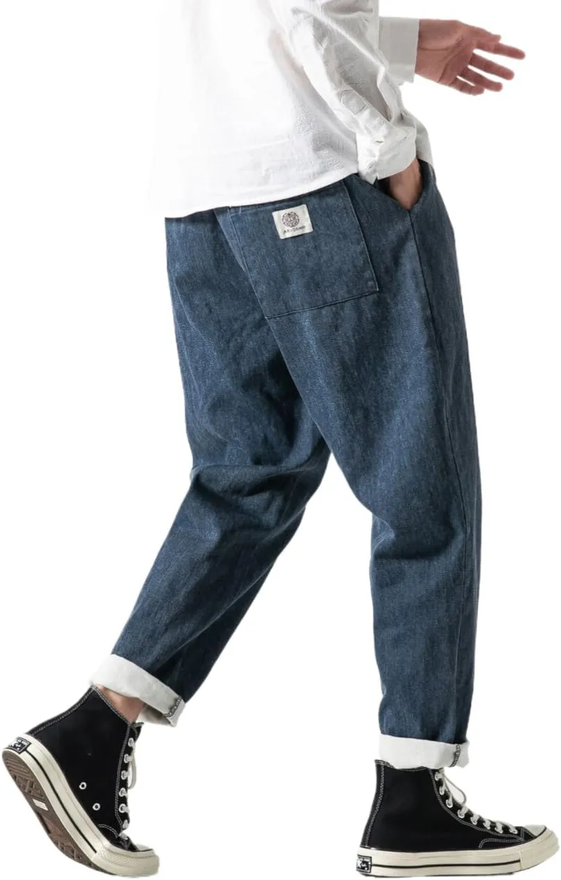 Men's Japanese Cargo Jeans Wide Leg Loose Baggy Harem Pants Elastic Waist Capri Pants