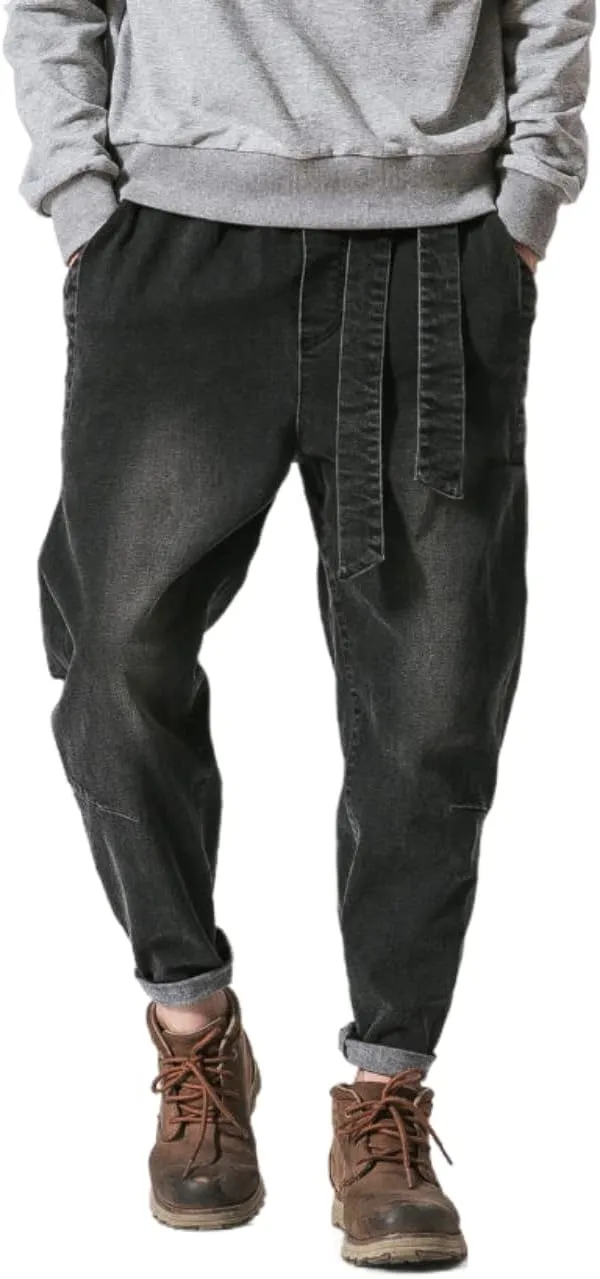 Men's Japanese Cargo Jeans Wide Leg Loose Baggy Harem Pants Elastic Waist Capri Pants