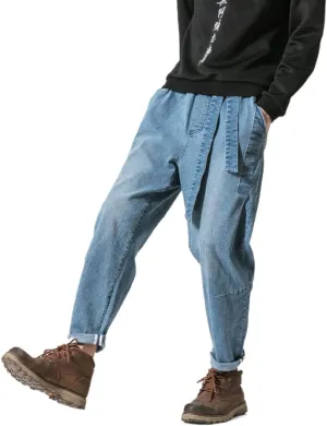 Men's Japanese Cargo Jeans Wide Leg Loose Baggy Harem Pants Elastic Waist Capri Pants