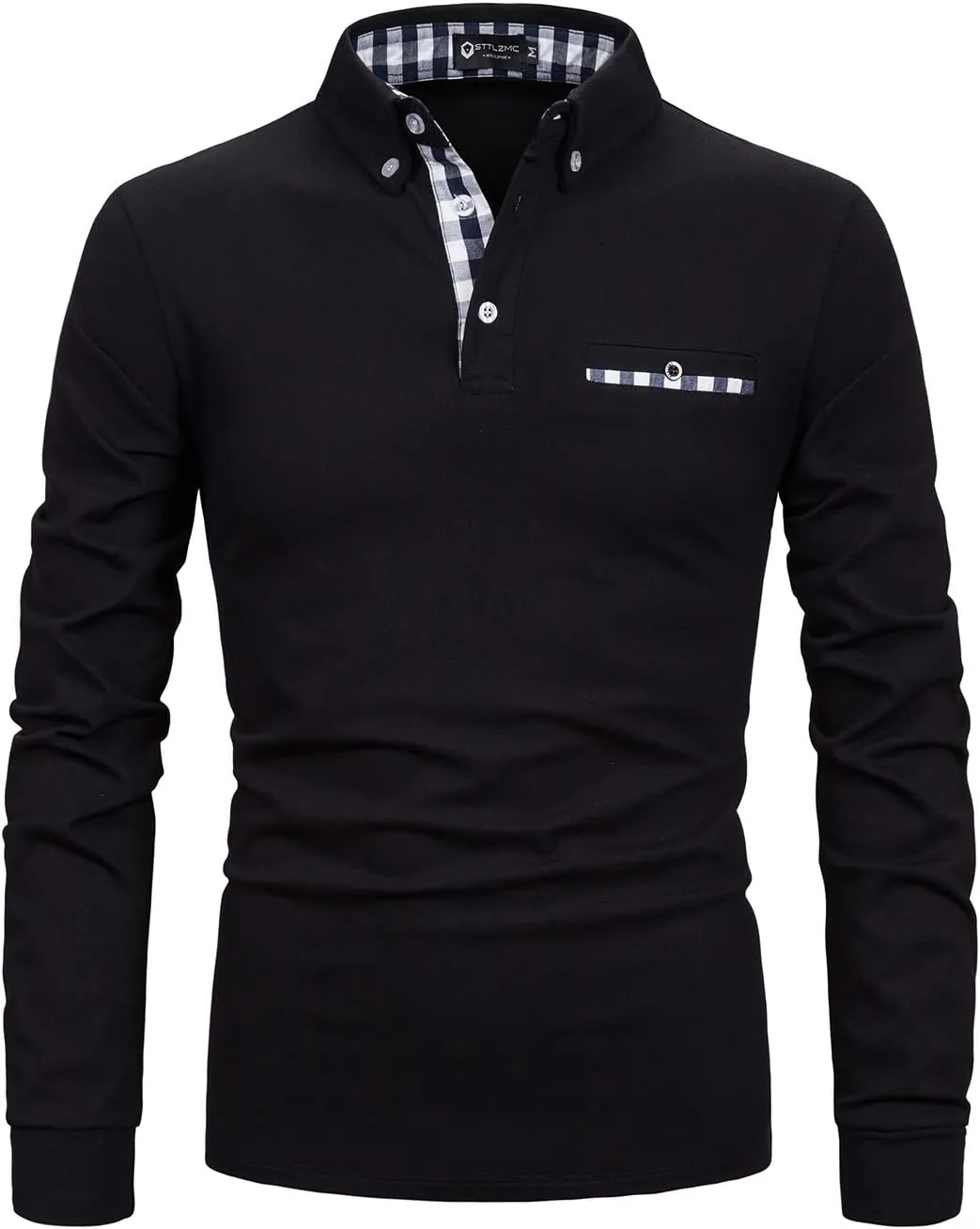 Men's Long Sleeve Polo Shirts Casual Fit Plaid Collar Cotton Golf T-Shirts