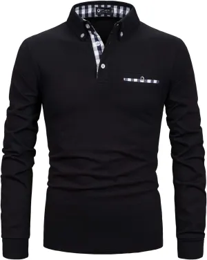 Men's Long Sleeve Polo Shirts Casual Fit Plaid Collar Cotton Golf T-Shirts