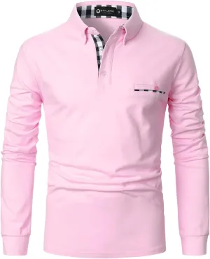 Men's Long Sleeve Polo Shirts Casual Fit Plaid Collar Cotton Golf T-Shirts