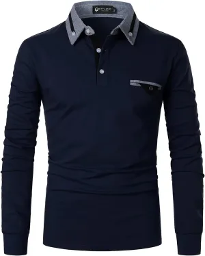 Men's Long Sleeve Polo Shirts Casual Fit Plaid Collar Cotton Golf T-Shirts
