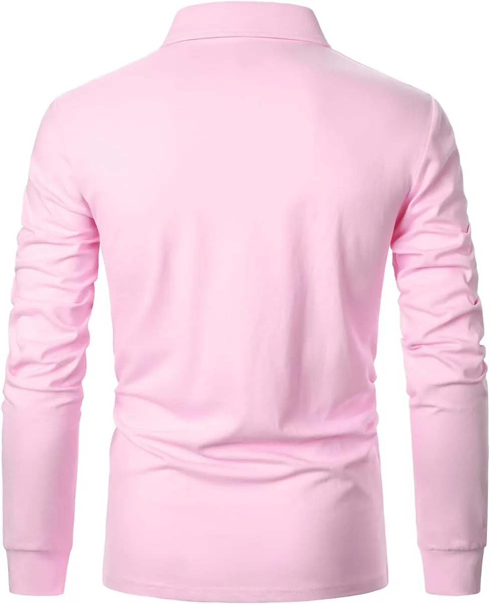 Men's Long Sleeve Polo Shirts Casual Fit Plaid Collar Cotton Golf T-Shirts
