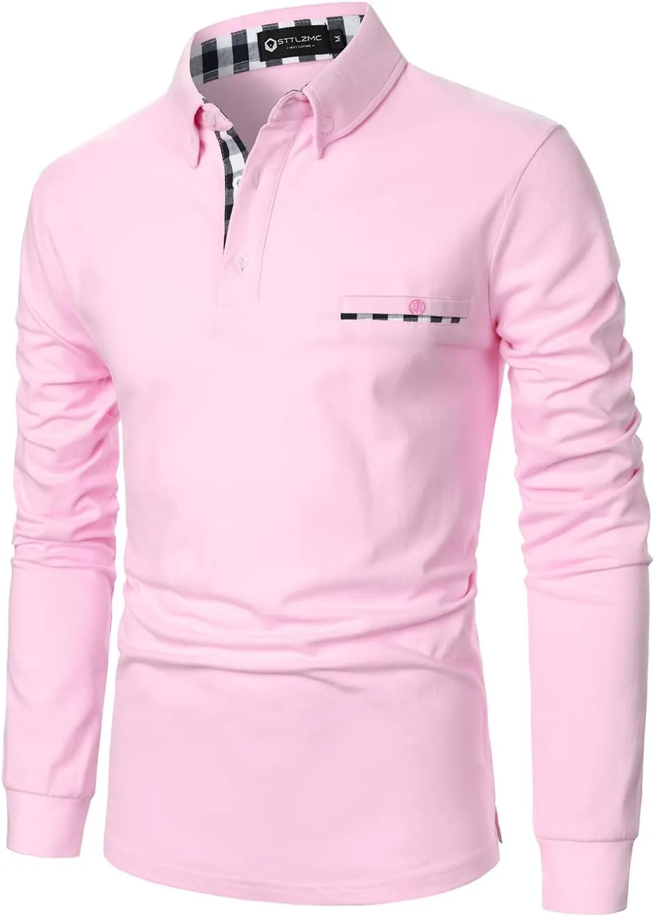 Men's Long Sleeve Polo Shirts Casual Fit Plaid Collar Cotton Golf T-Shirts
