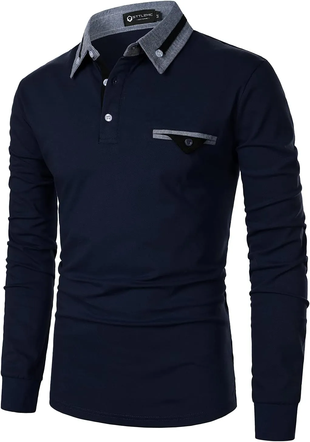 Men's Long Sleeve Polo Shirts Casual Fit Plaid Collar Cotton Golf T-Shirts