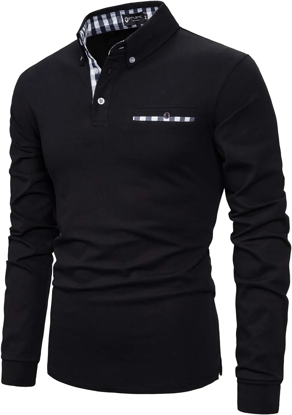 Men's Long Sleeve Polo Shirts Casual Fit Plaid Collar Cotton Golf T-Shirts