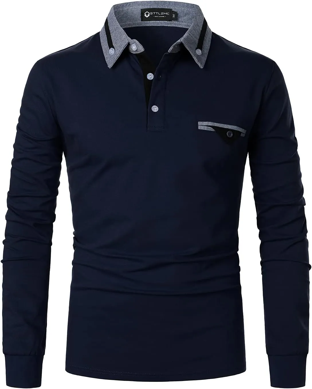 Men's Long Sleeve Polo Shirts Casual Fit Plaid Collar Cotton Golf T-Shirts