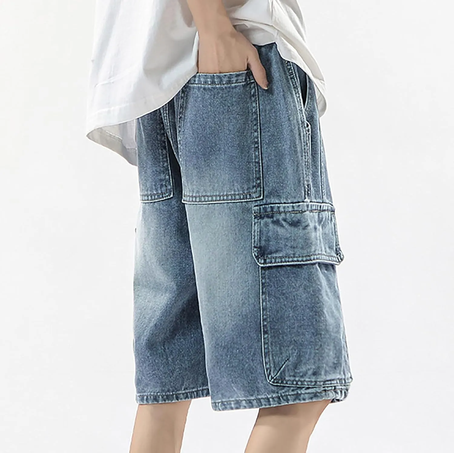 Mens Loose Hip Hop Cropped Jean Shorts Work Denim Shorts with Pockets Summer Casual 2025 Trendy Streetwear