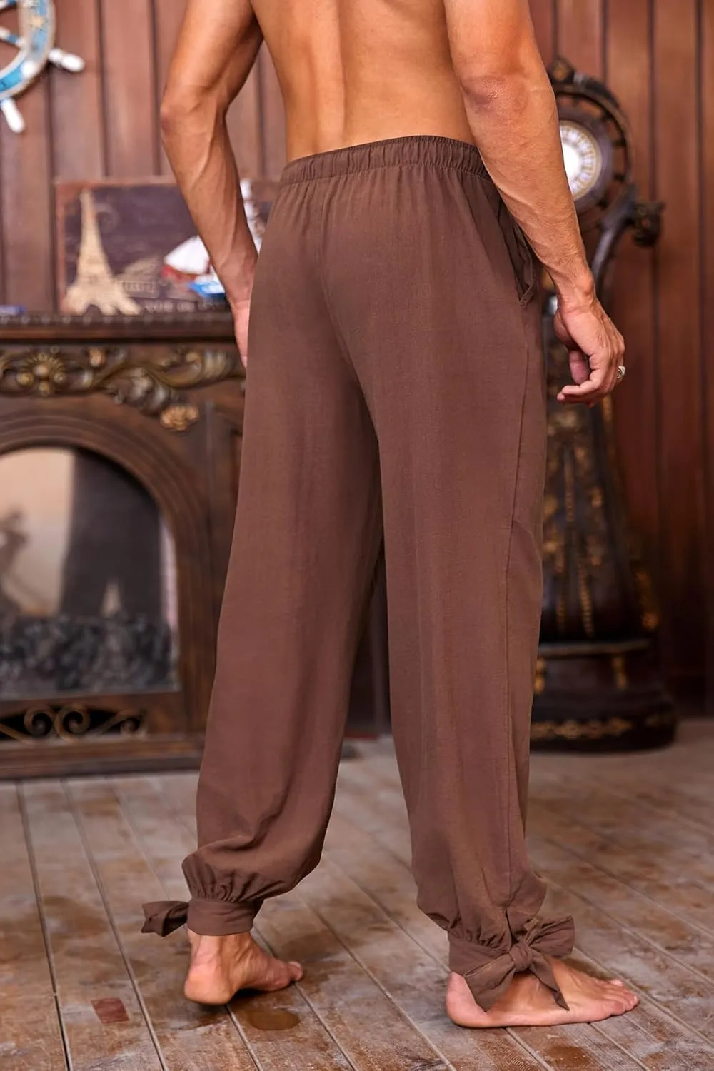 Mens Pirate Linen Pants Medieval Viking Navigator Costume Trousers Renaissance Lace Up Cosplay Pants