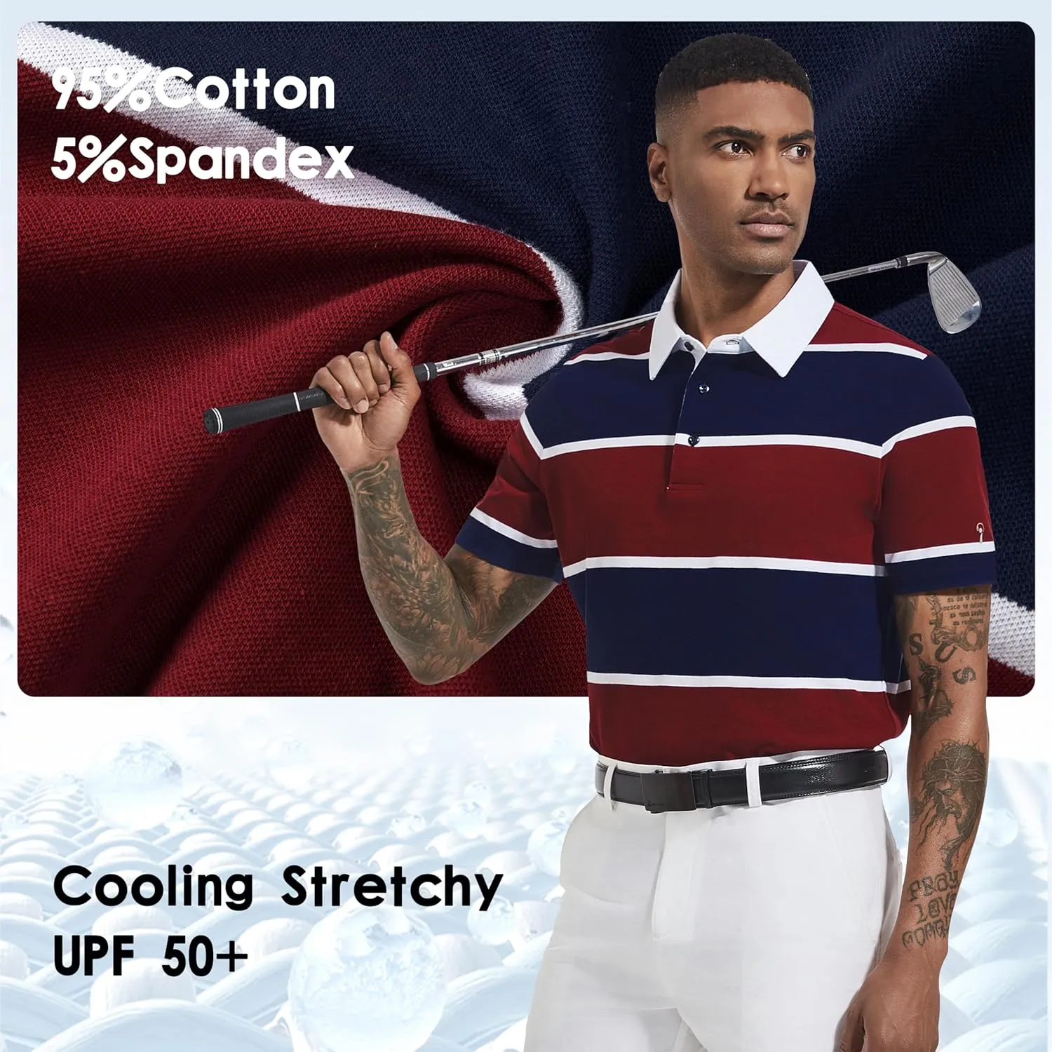 Men's Polo Shirts Long Sleeve Striped Dry Fit Casual Collared Pique Golf Polo Shirts for Mens