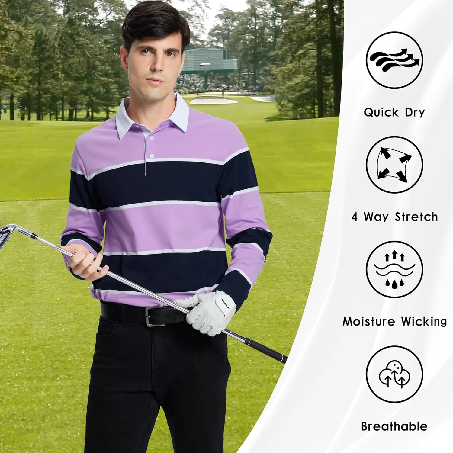 Men's Polo Shirts Long Sleeve Striped Dry Fit Casual Collared Pique Golf Polo Shirts for Mens