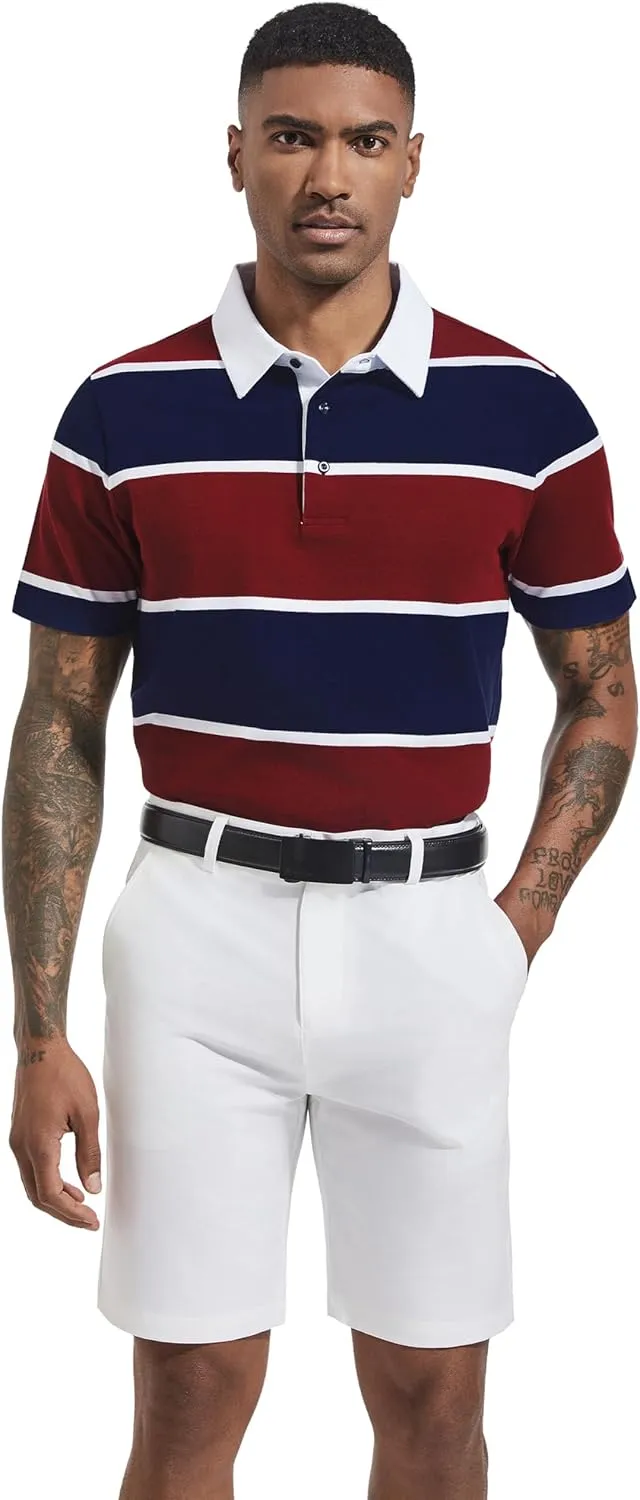 Men's Polo Shirts Long Sleeve Striped Dry Fit Casual Collared Pique Golf Polo Shirts for Mens
