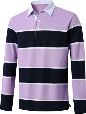 Men's Polo Shirts Long Sleeve Striped Dry Fit Casual Collared Pique Golf Polo Shirts for Mens